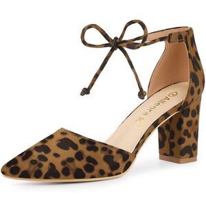 Ankle Tie Chunky Heel Leopard Pointed Toe Dress Pumps